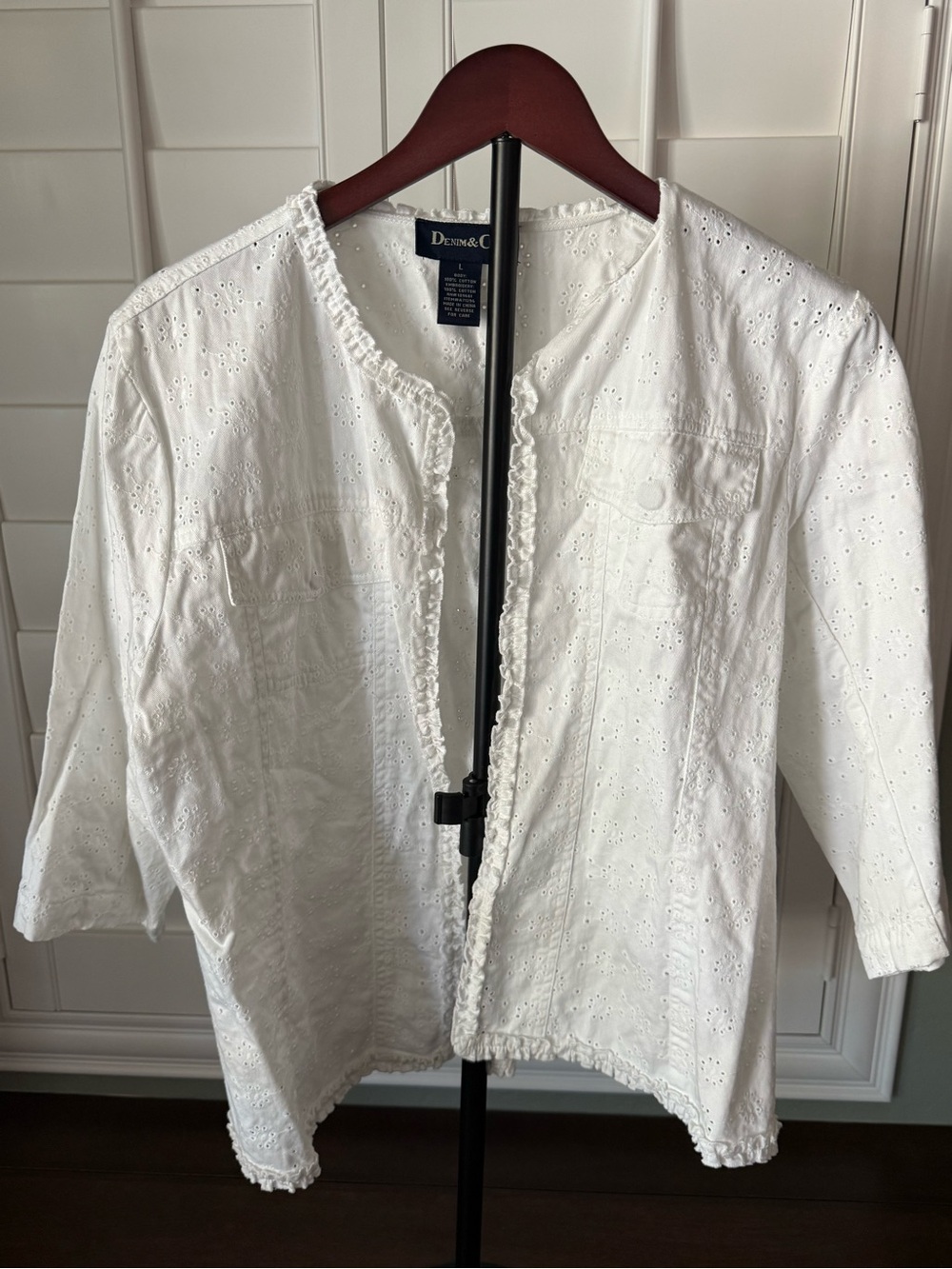 Denim & Co  White Eyelet Embroidered Open Front Jacket 3/4 Sleeve